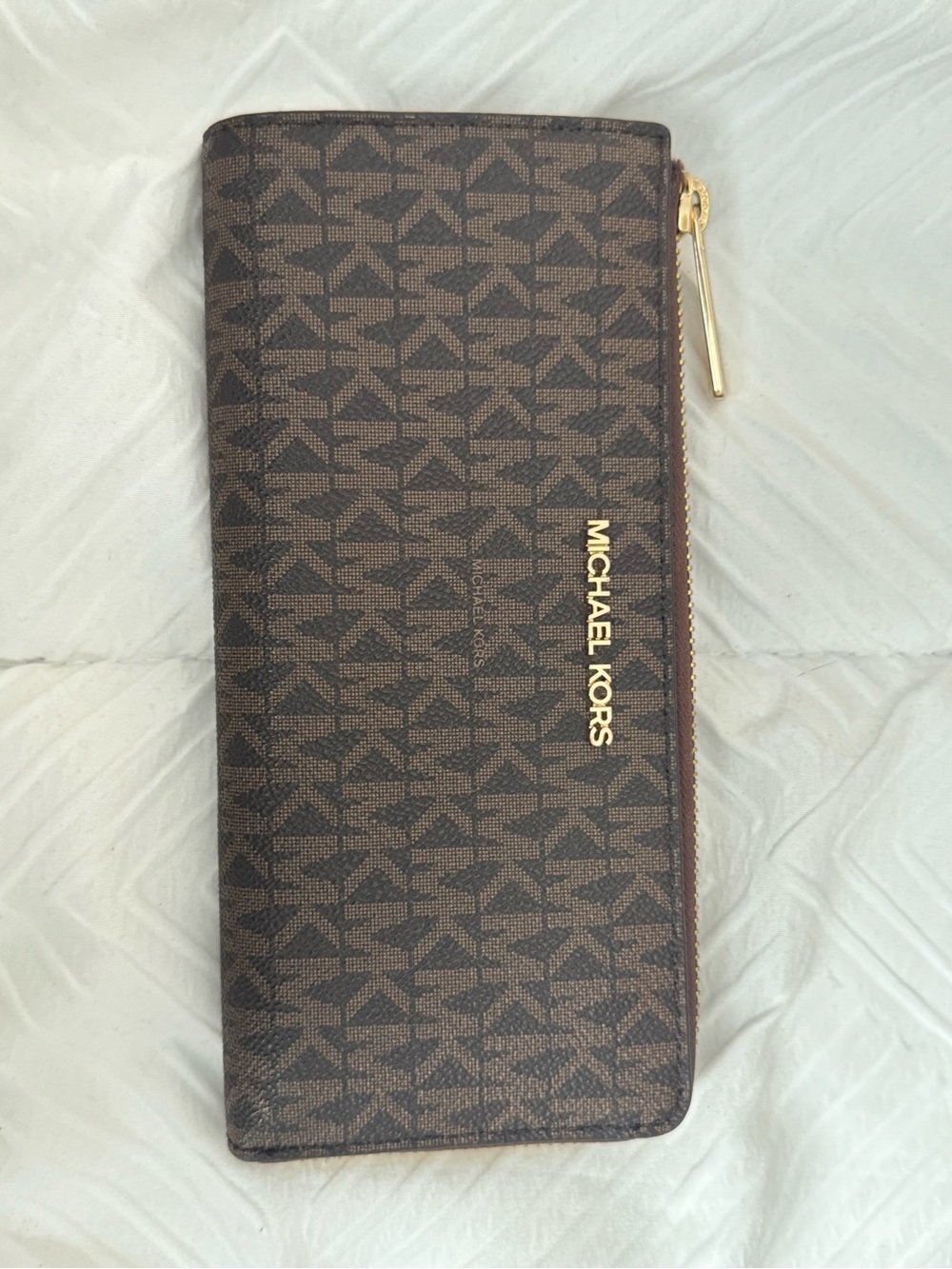 Michael Kors Brown MK Logo Zip-Around Wallet with Gold Hardware